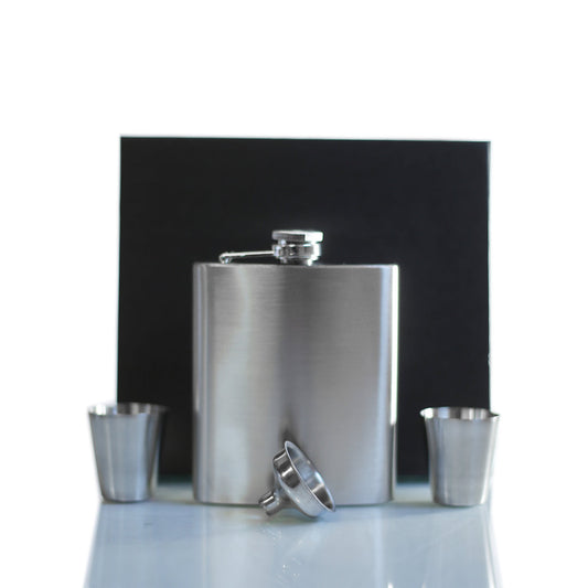 7 oz flask set with shot glasses in gift box